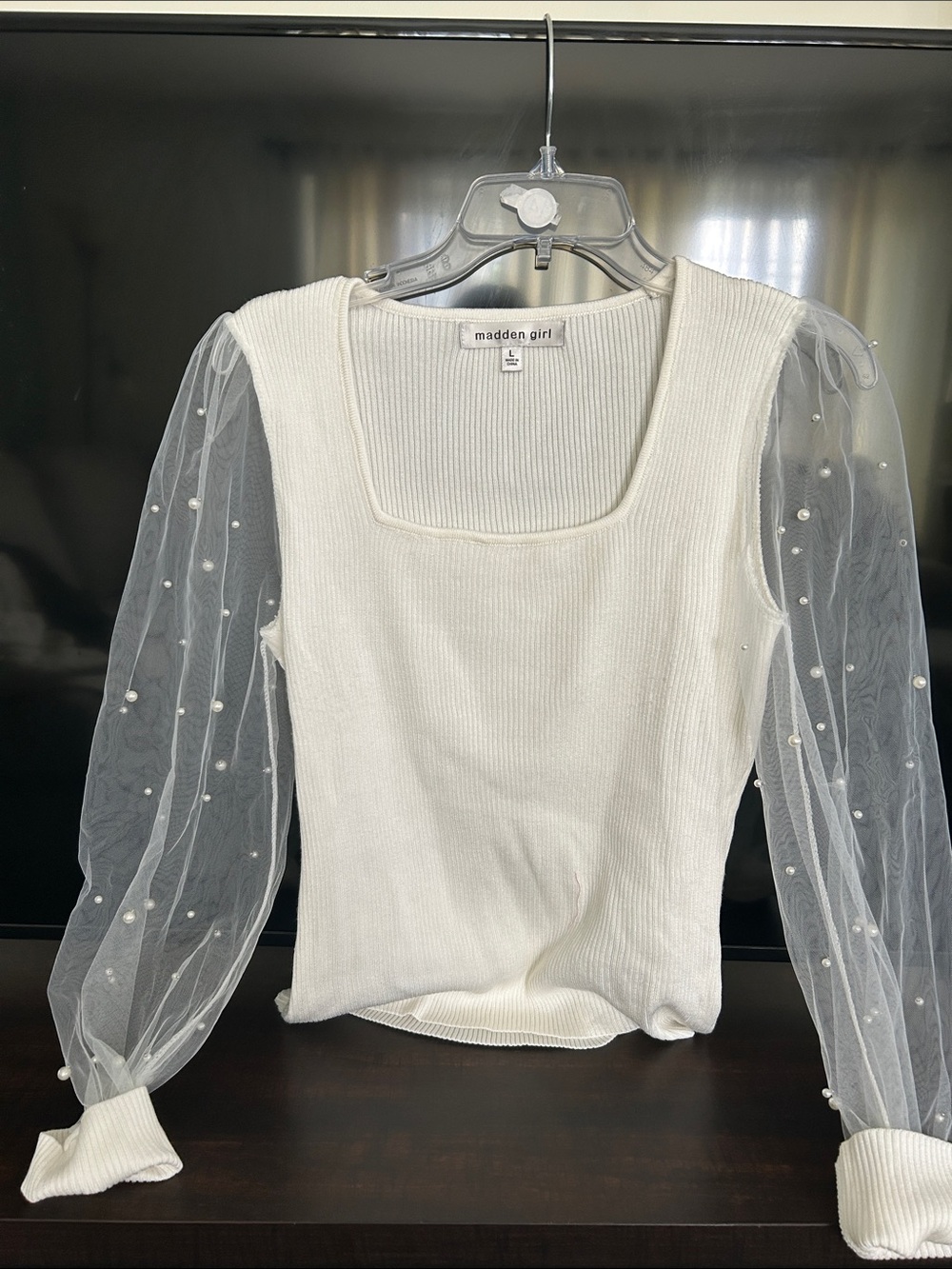 Madden Girl White Ribbed Top with Pearl-Embellished Sheer Sleeves - Picture 4 of 4